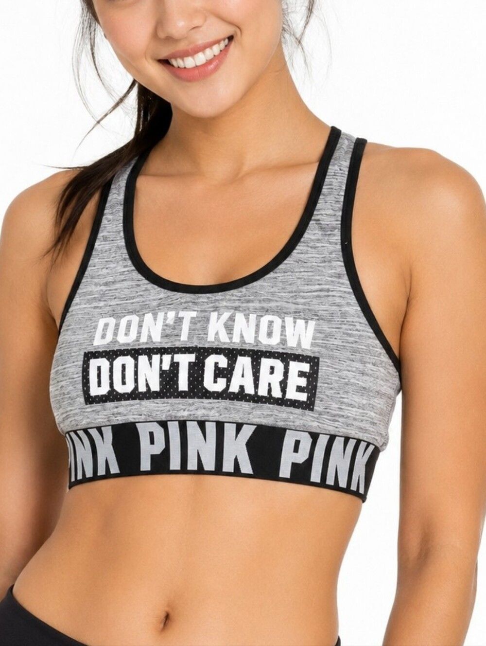 Victoria's Secret PINK "Don't Know Don't Care" Racerback Sports Bra Gray XS